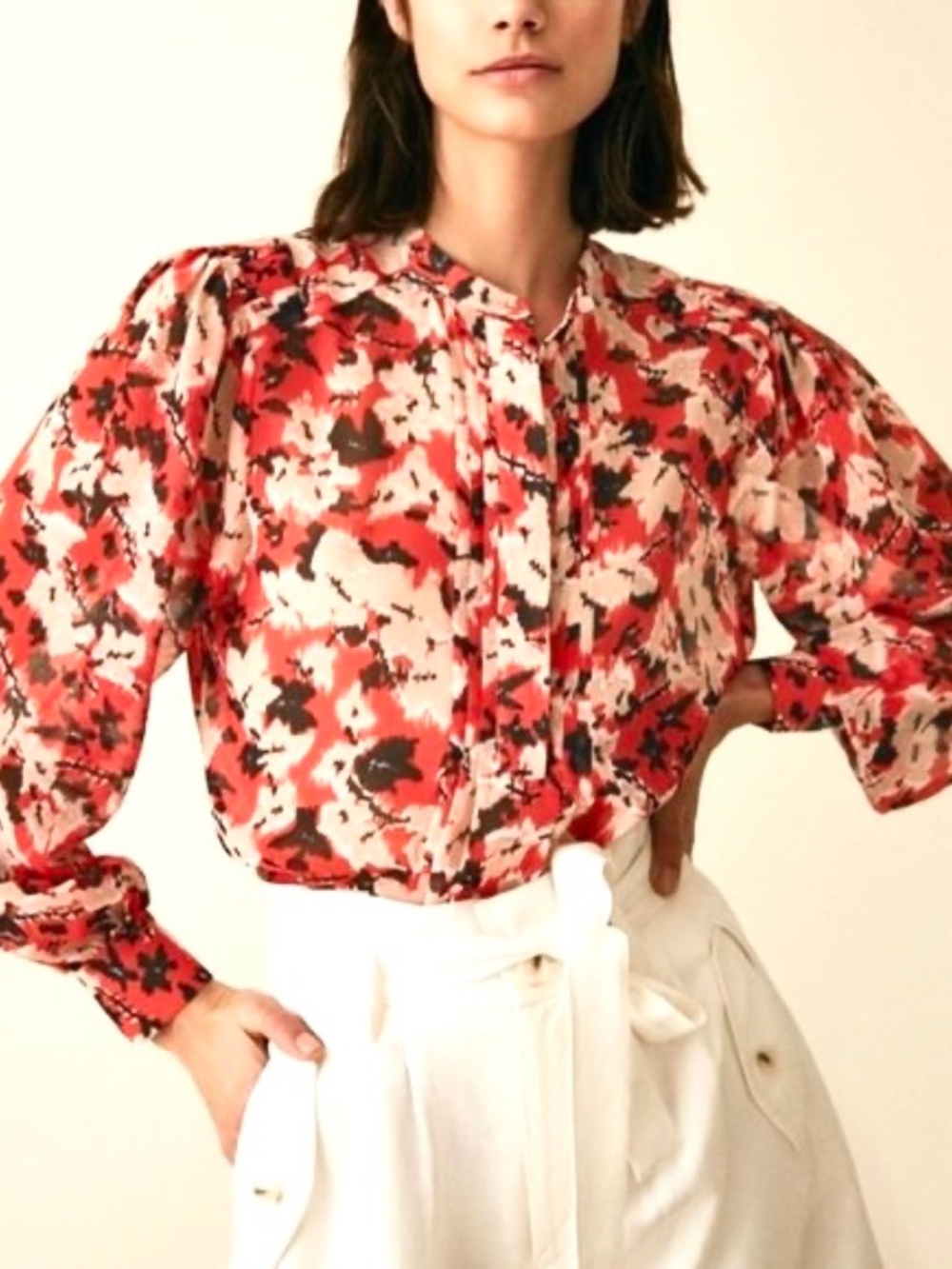 Reiss Provence Floral Print Blouse Red Ikat Semi Sheer Popover